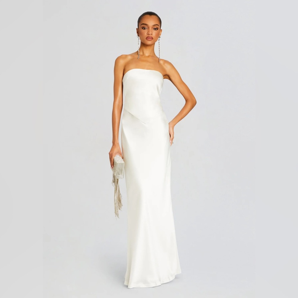 Retrofete Strapless White Silk Column Gown